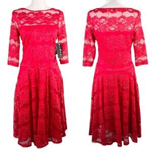 Sangria Dress Red Lace 6 Midi Sheer Neckline Stretch New